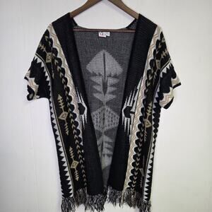 Western Aztec Print Open Front Cardigan Fringe Long Length Dustet Size Large